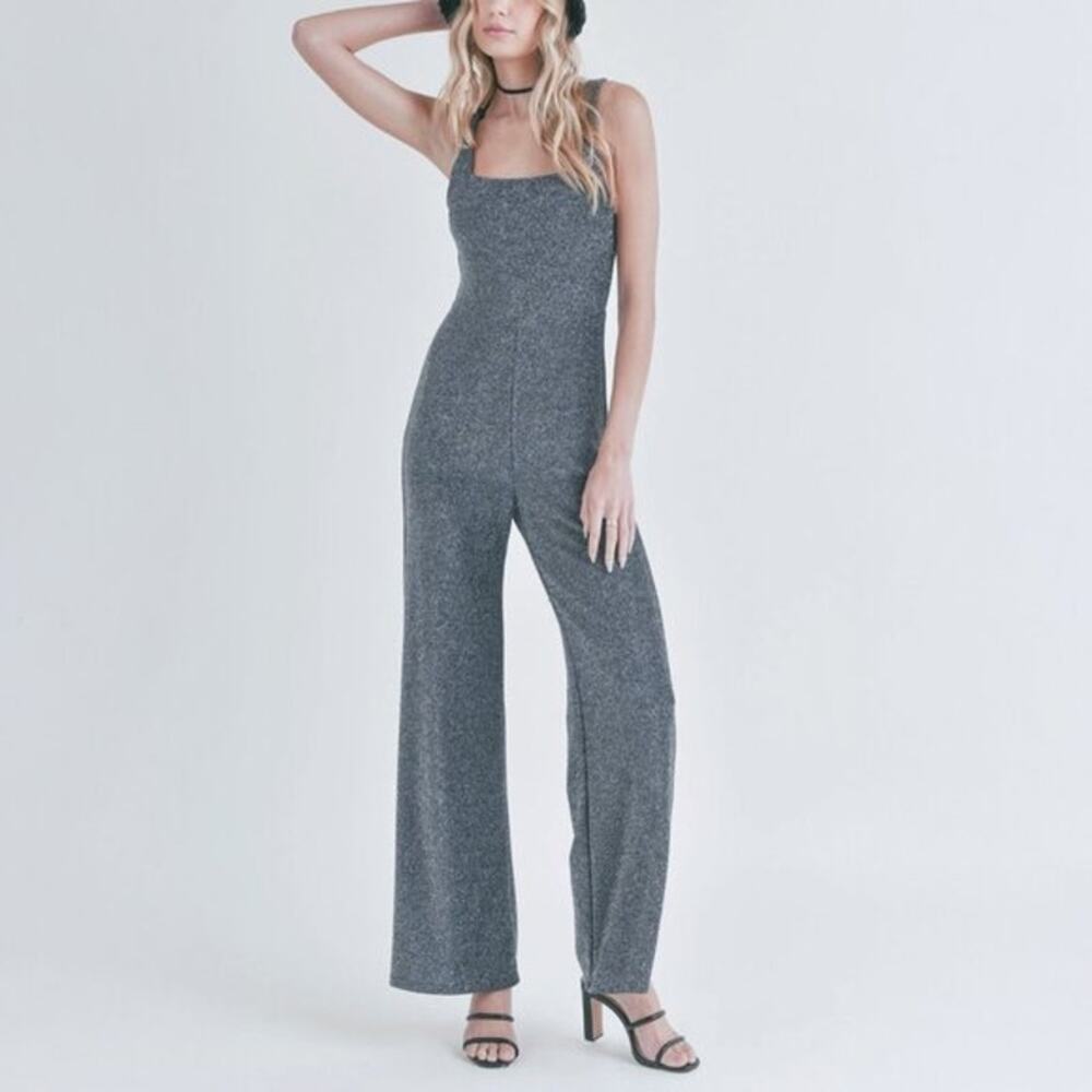 NWT Sadie & Sage Silver Black Metallic Sparkle Wide Leg Jumpsuit Women's S